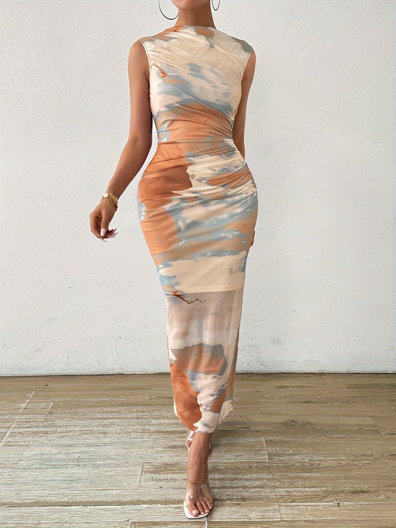 Elegant Sleeveless Abstract Print Midi Dress for Women - Vibrant Orange & Blue Color Block, Stretchy Mid-Weight Fabric, Round Neck, Machine Washable Summer Party & Casual Wear, Evening Wear, Flowing Silhouette, Sophisticated